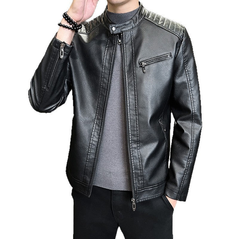 Herren Modische Kunstlederjacke mit praktischem Stehkragen Drune