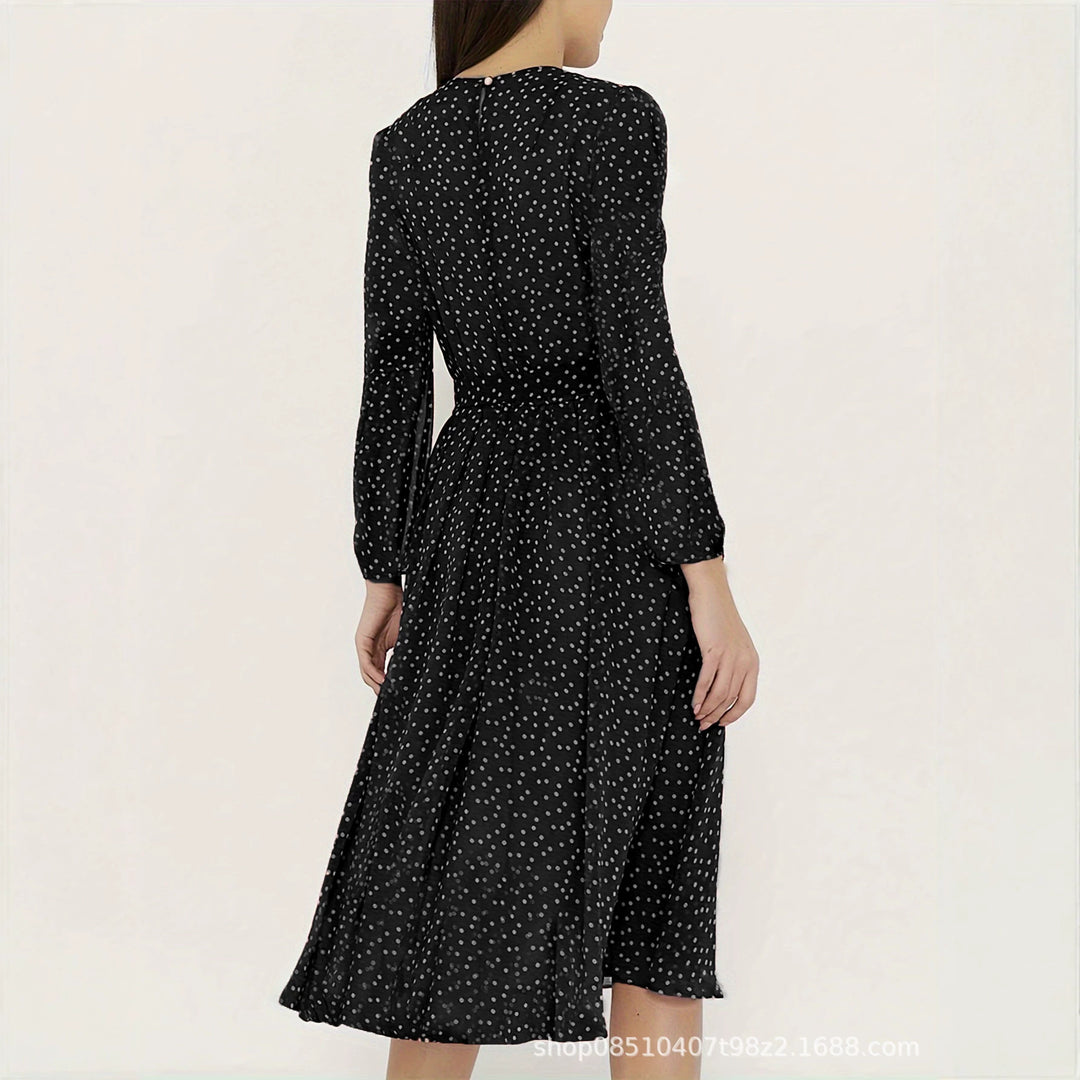 Damen Midikleid mit Punkten, taillierter Bindegürtel und Volantrock Drune