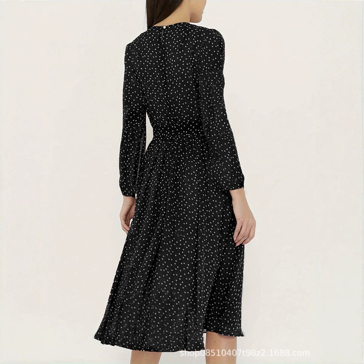 Damen Midikleid mit Punkten, taillierter Bindegürtel und Volantrock Drune