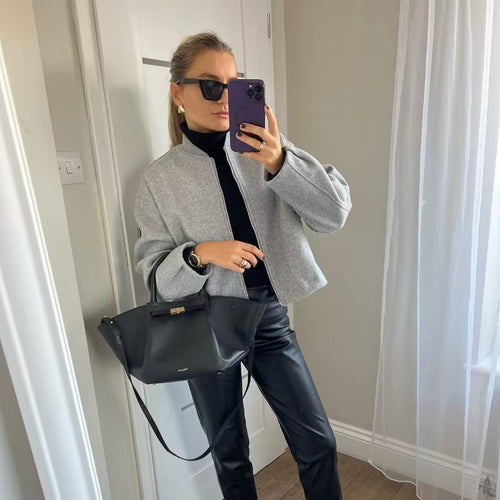 Damen nan kurz geschnittene minimalistische Bomberjacke mit verdecktem Zwei-Wege-Reißverschluss und Eingrifftaschen Drune