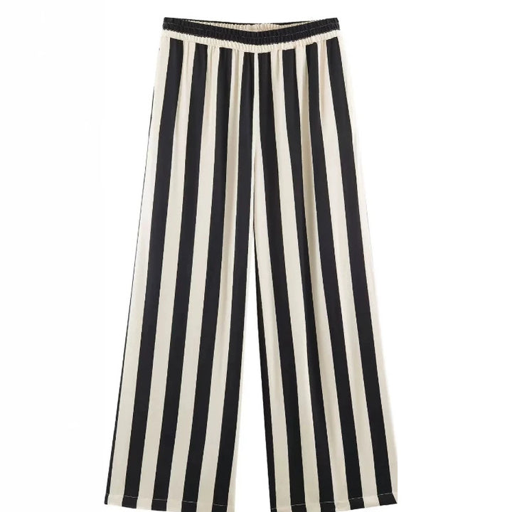Damen Weite High‑Waist Palazzohose mit vertikalem Streifenmuster und elastischem Bund Drune