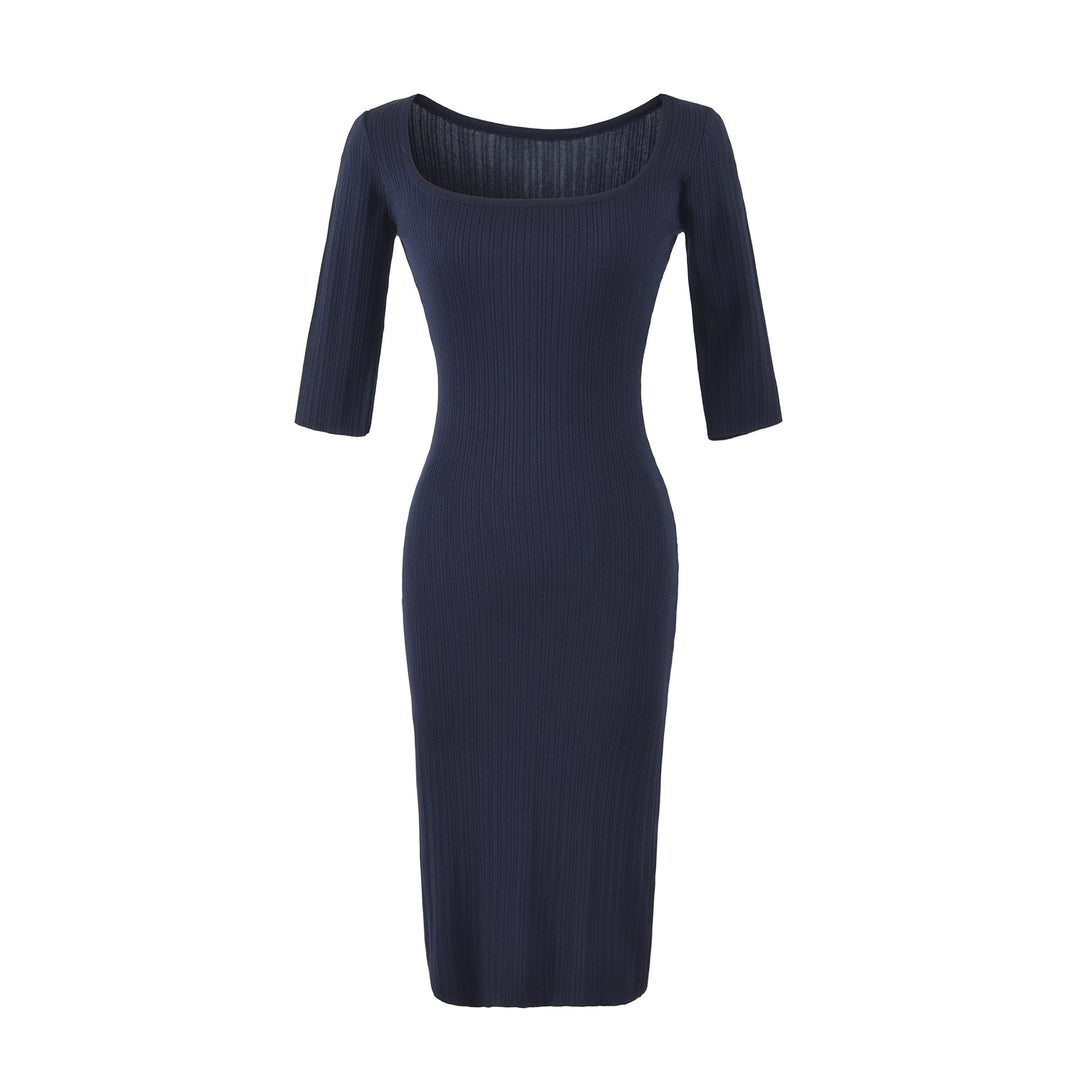 Damen Geripptes Midikleid mit quadratischem Ausschnitt und dreiviertelärmeln Drune