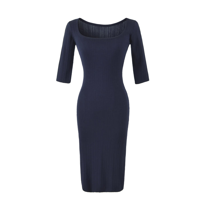 Damen Geripptes Midikleid mit quadratischem Ausschnitt und dreiviertelärmeln Drune