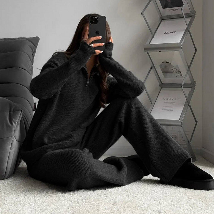Damen nan geripptes Strick-Lounge-Set mit Halbzip-Pullover und hochgeschnittener Leggings Drune