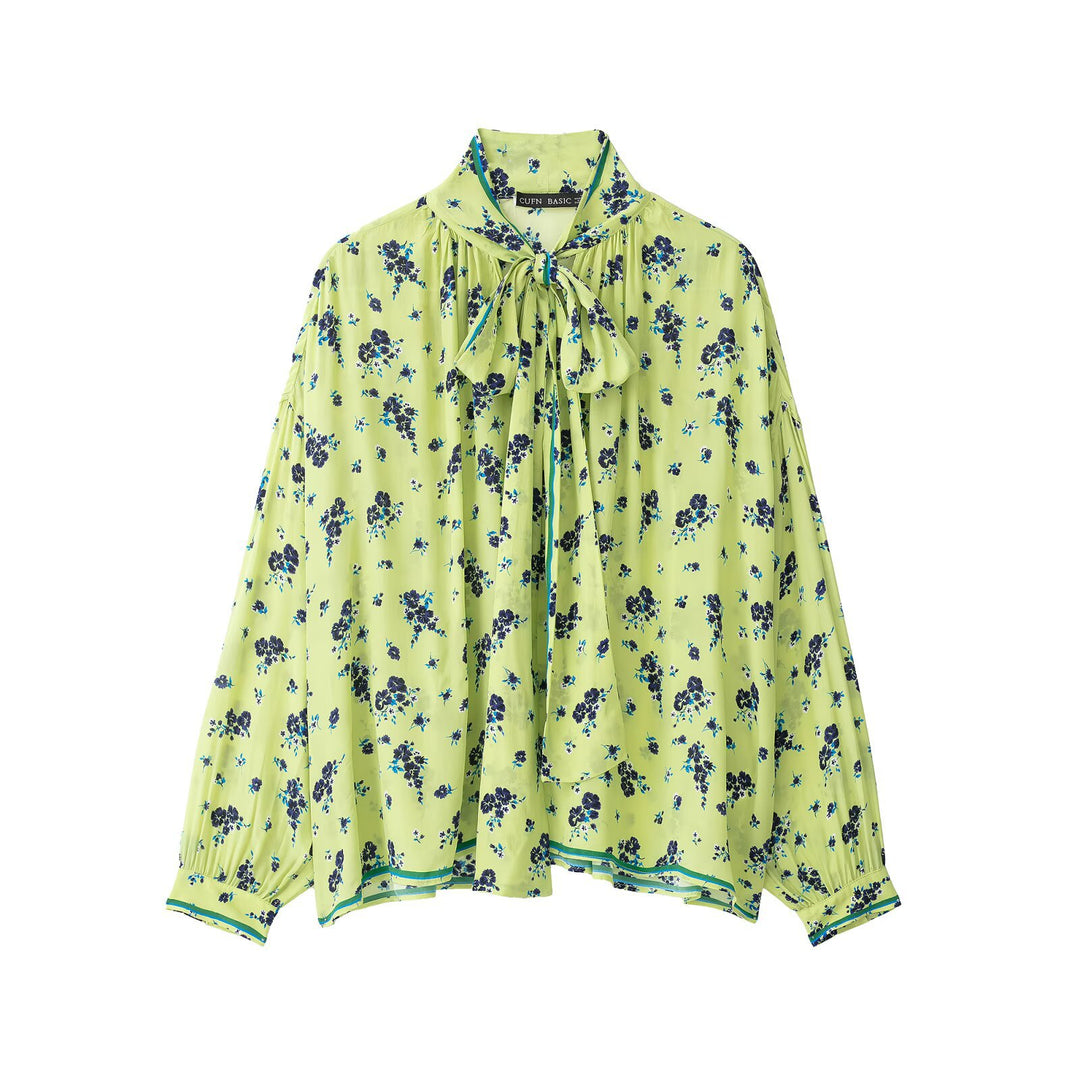 Damen Geblümte Chiffonbluse mit Schleifenkragen und Ballonärmeln Drune