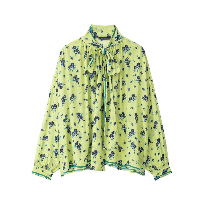 Damen Geblümte Chiffonbluse mit Schleifenkragen und Ballonärmeln Drune