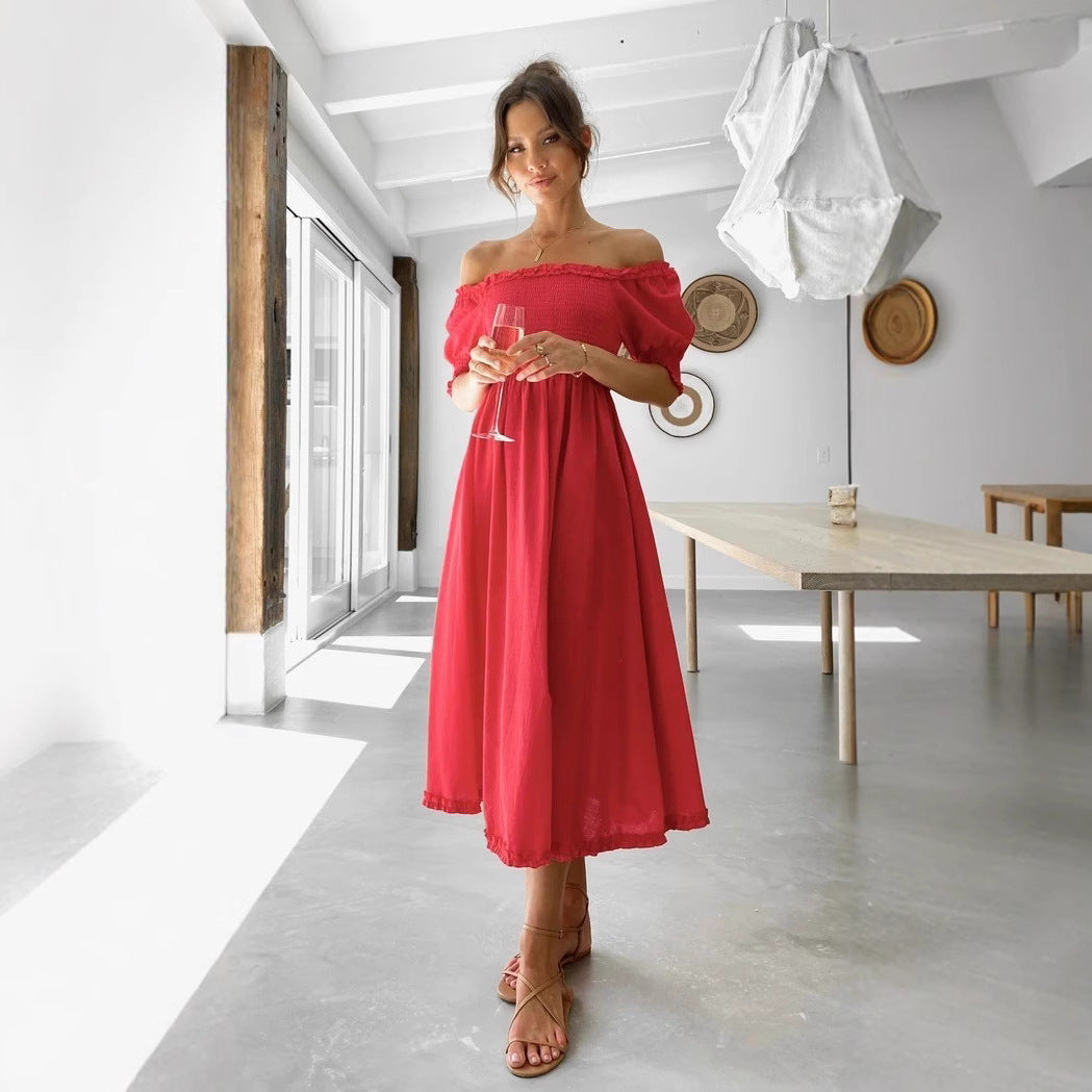 Damen Off-Shoulder Midikleid mit luftiger Silhouette und Rüschendetails Drune