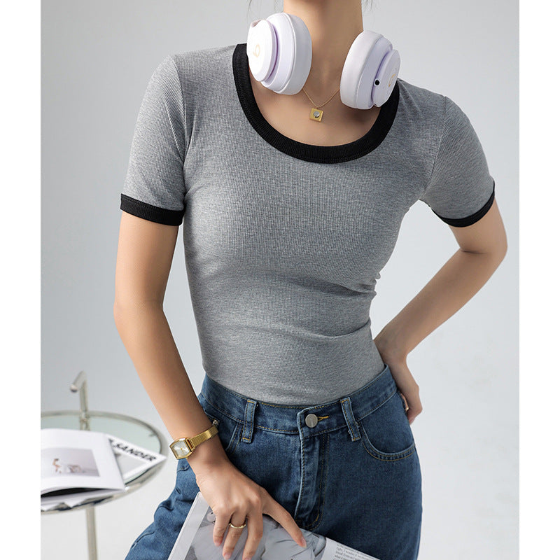 Damen kurzärmliges Shirt mit geometrischem Rippdesign und Kontrastdetails Drune