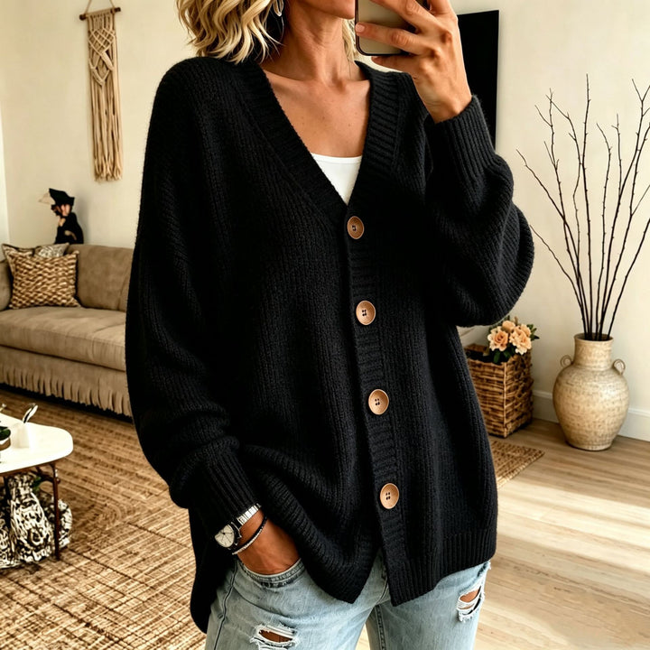Damen Lockerer Longline-Cardigan mit tiefem V-Ausschnitt und Holzknöpfen Drune
