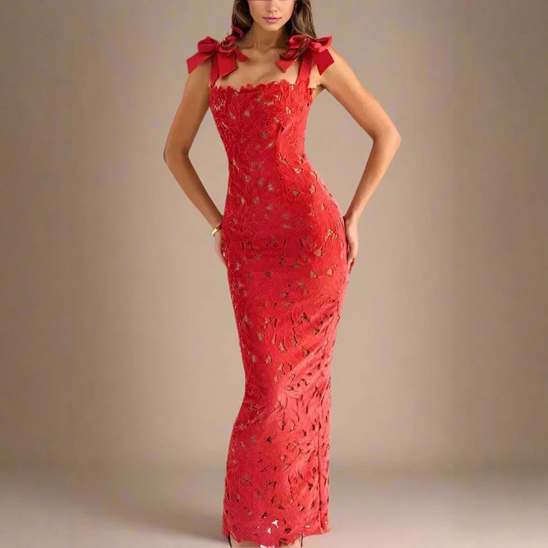 Damen Elegantes Spitzenkleid mit Schleifenärmel Drune