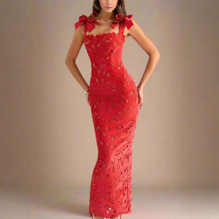 Damen Elegantes Spitzenkleid mit Schleifenärmel Drune