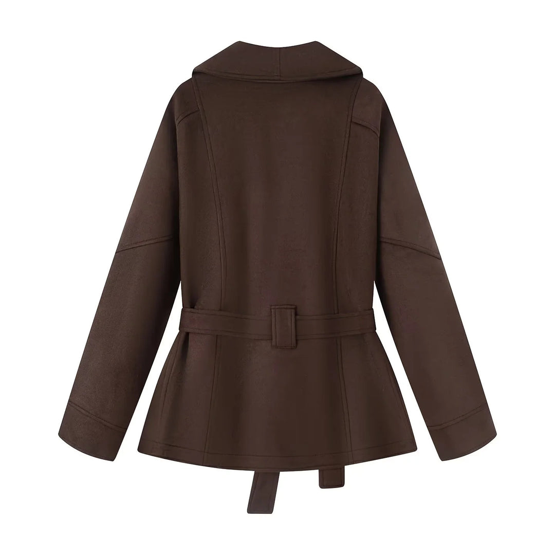 Damen nan kurzer Veloursoptik-Mantel mit Schalkragen, Bindegürtel und Eingrifftaschen Drune
