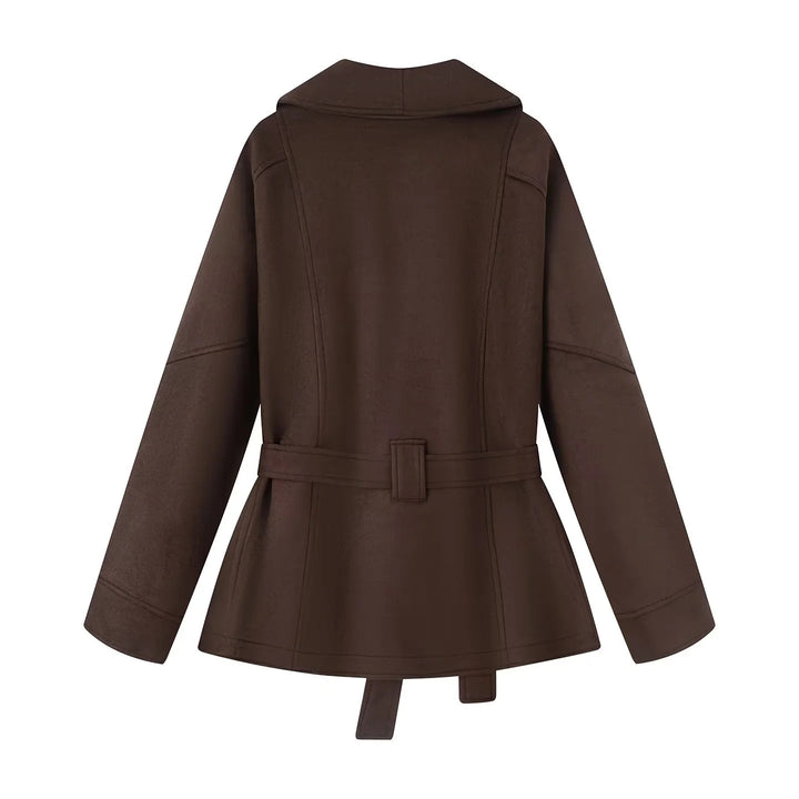 Damen nan kurzer Veloursoptik-Mantel mit Schalkragen, Bindegürtel und Eingrifftaschen Drune