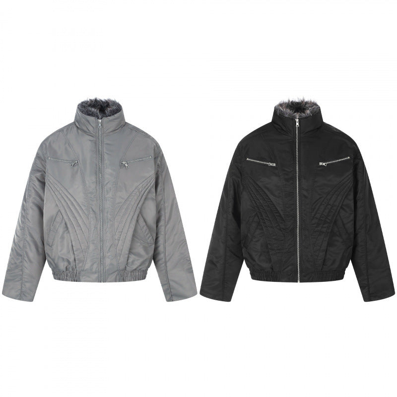 Herren Kurzjacke im Retro-Pufferstil mit hochschließendem Kunstfellkragen und dekorativer Wellensteppung Drune