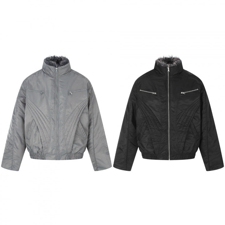 Herren Kurzjacke im Retro-Pufferstil mit hochschließendem Kunstfellkragen und dekorativer Wellensteppung Drune