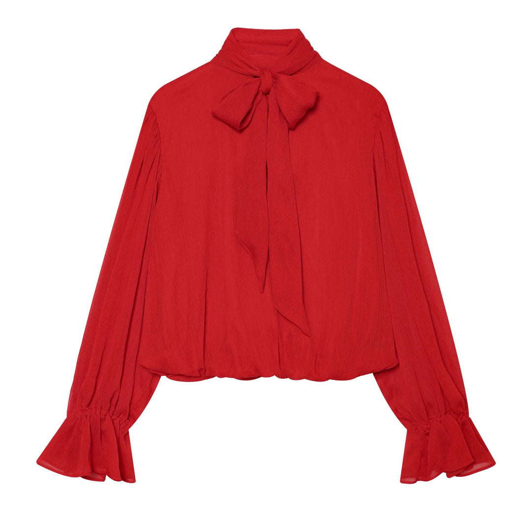 Damen Schlupfbluse mit Schleifenkragen, plissierten Volantärmeln und elastischem Saum Drune