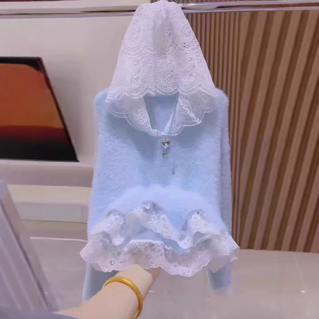 Damen elegante Strickjacke mit Spitzenkante und dekorativem großen Reißverschluss Drune