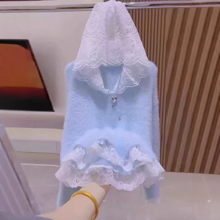 Damen elegante Strickjacke mit Spitzenkante und dekorativem großen Reißverschluss Drune