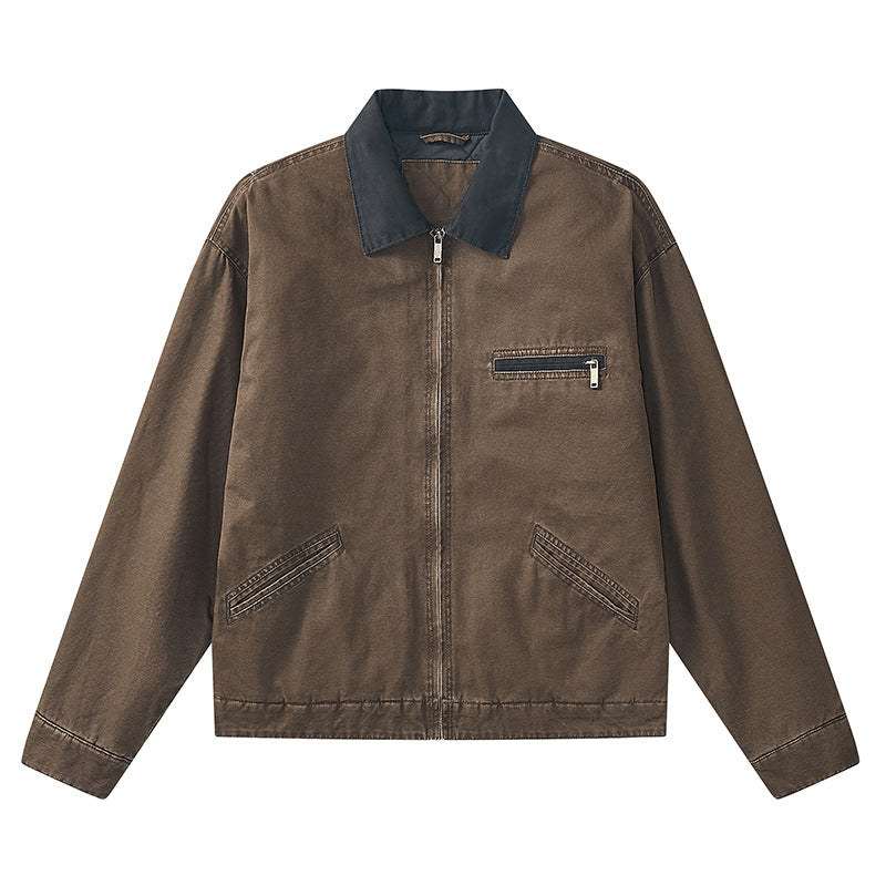 Men's  vintage-inspired zip-front workwear jacket with contrast collar and angled welt pockets Drune