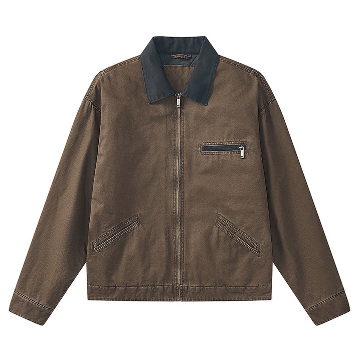 Men's  vintage-inspired zip-front workwear jacket with contrast collar and angled welt pockets Drune
