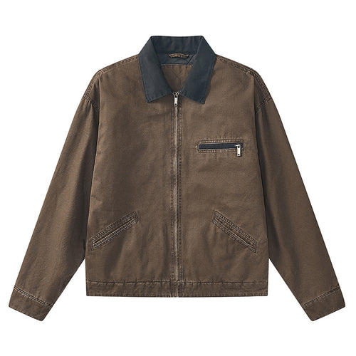 Men's  vintage-inspired zip-front workwear jacket with contrast collar and angled welt pockets Drune