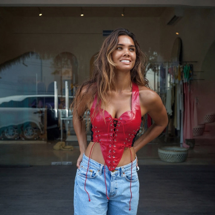 Damen Leder-Corset-Top mit Schnürung und asymmetrischem Schnitt Drune