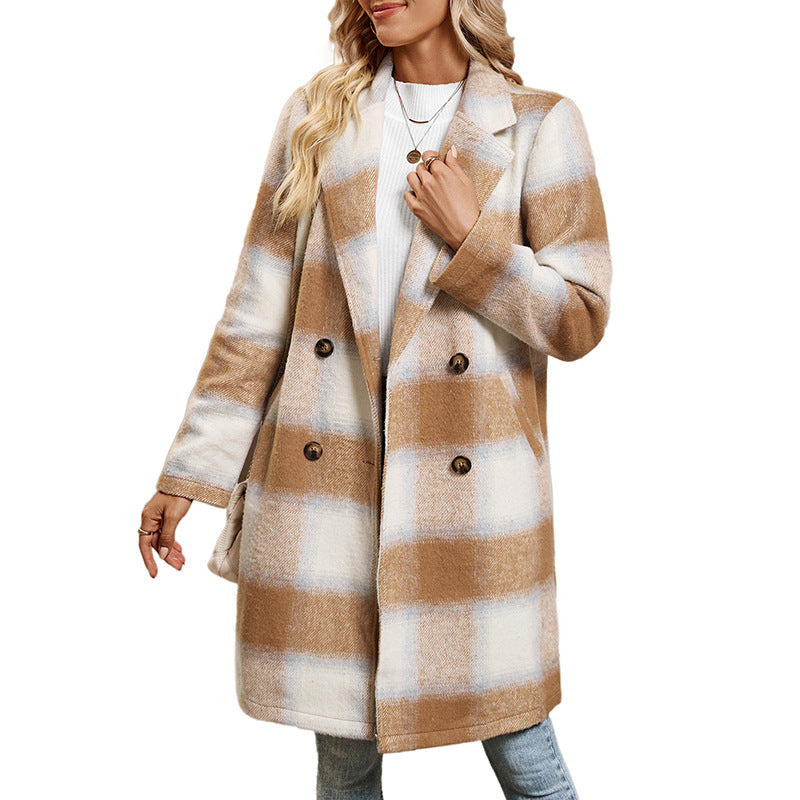 Damen Zweireihiger Wollmix-Mantel mit Oversize-Karos, Reverskragen und Eingrifftaschen Drune
