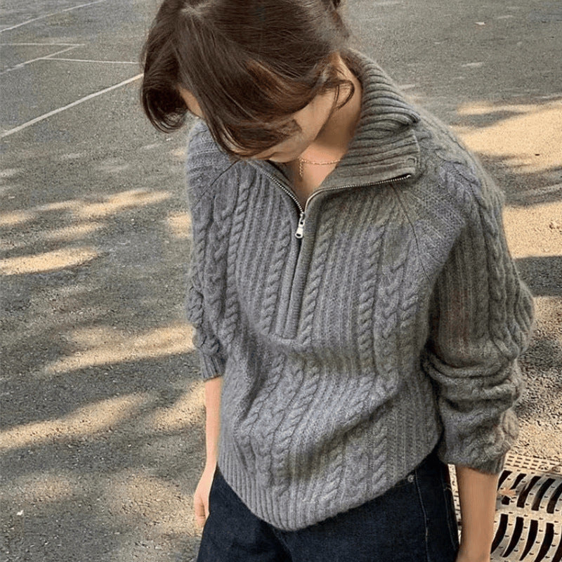 Damen Zopfstrick-Polokragenpullover mit Halbreißverschluss und weichem Mohair-Look Drune