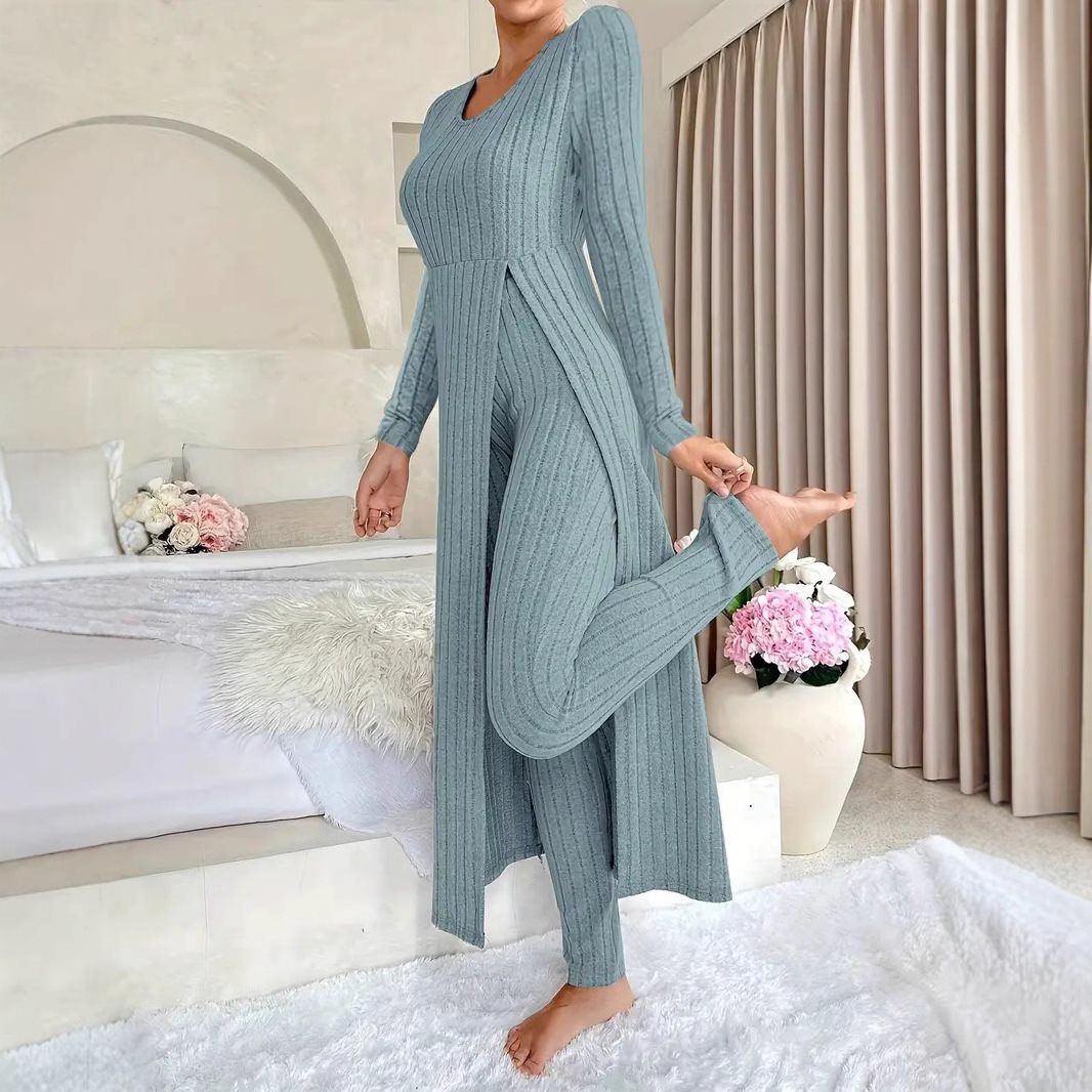 Damen eleganter und modischer Jumpsuit mit seitlichen Schlitzen und langen Ärmeln Drune
