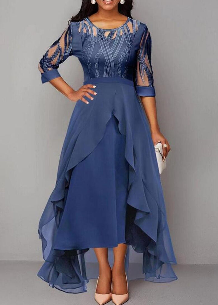 Damen nan edles Chiffon-Abendkleid mit besticktem Tülloberteil, Dreiviertelärmeln und asymmetrischem Stufen-Saum Drune