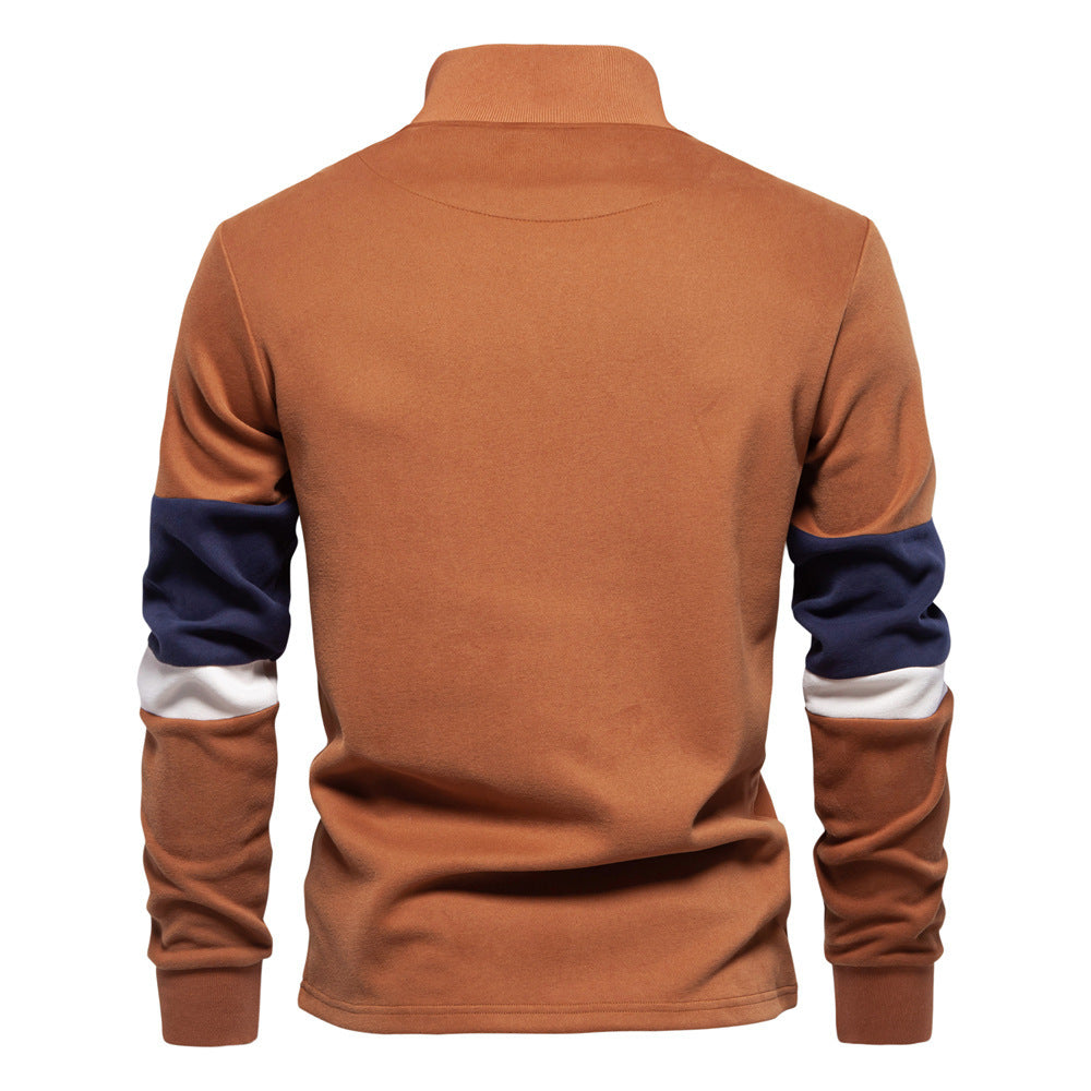 Herren nan Halbzip-Pullover mit Stehkragen, gestreiftem Krageninnenband und Kontrastärmeln Drune