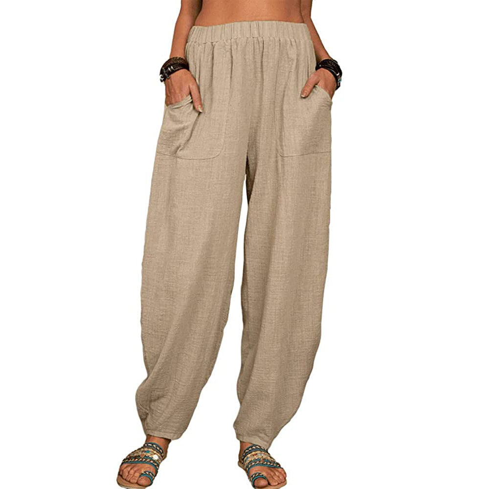 Damen nan lockere Leinenhose mit weitem Bein elastischem Bund und großen aufgesetzten Taschen Drune