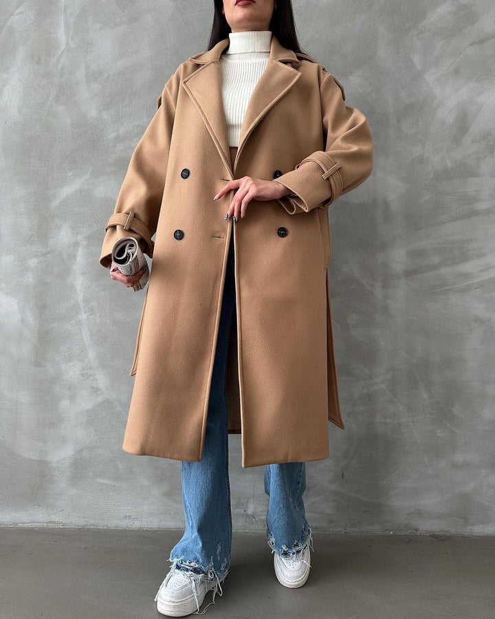 Damen Oversize Wollmix-Mantel mit doppelreihiger Knopfleiste und Taillengürtel Drune