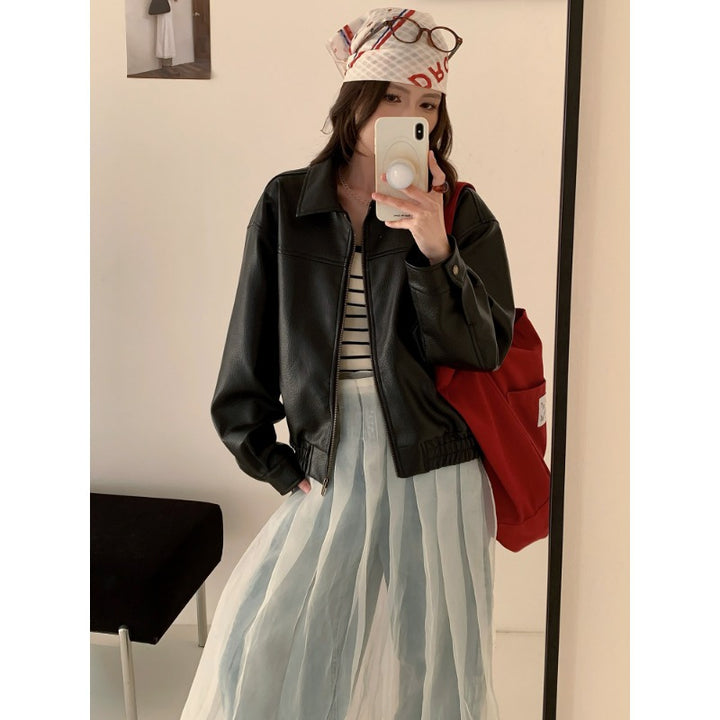 Damen Oversized Kunstleder Bomberjacke mit Reißverschluss Drune
