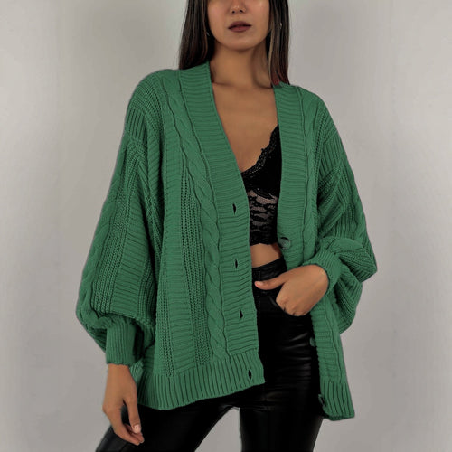 Damen Grobstrick-Cardigan mit großen Knopfdetails und voluminösen Ärmeln Drune