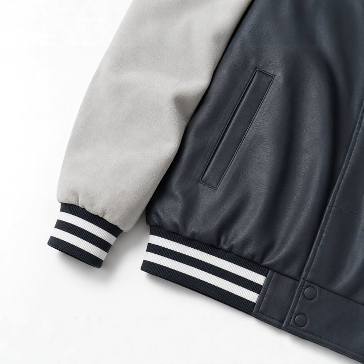 Herren Varsity-Lederoptik Collegejacke mit Kontrastärmeln, gestickten Patches und geripptem Saum Drune