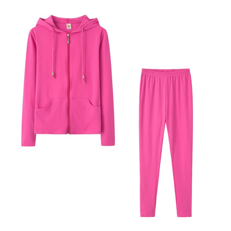 Damen sportliches Zweiteiler-Set mit Kapuzenjacke und enganliegenden Hosen Drune