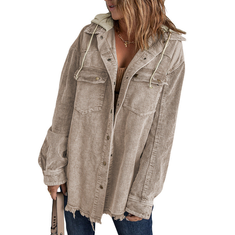 Drune | Jacke mit Kapuze - Oversized Fit - Cord-Textur - Knopfverschluss - Fransenrand