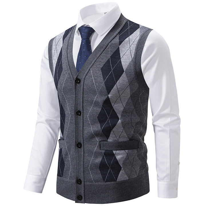 Herren elegante Strickweste mit klassischem Rautenmuster und praktischen Taschen Drune