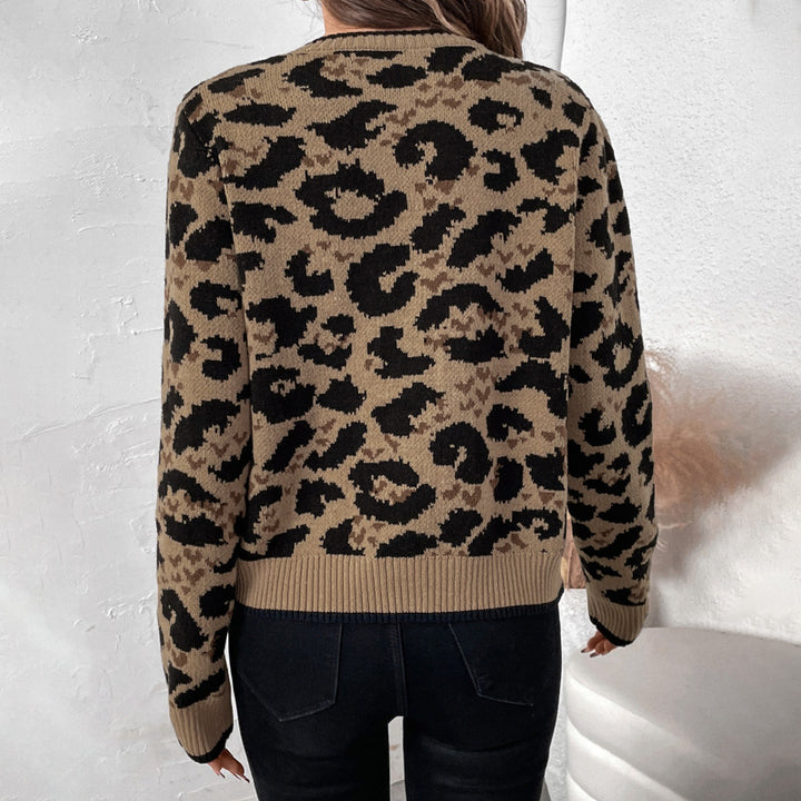 Damen Leopardmuster Strickcardigan mit Bindeschleifen und gerippten Bündchen Drune