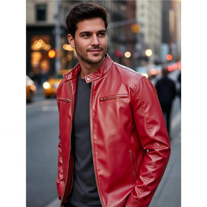 Herren Biker‑Style Kunstlederjacke mit Stehkragen und Reißverschlusstaschen Drune