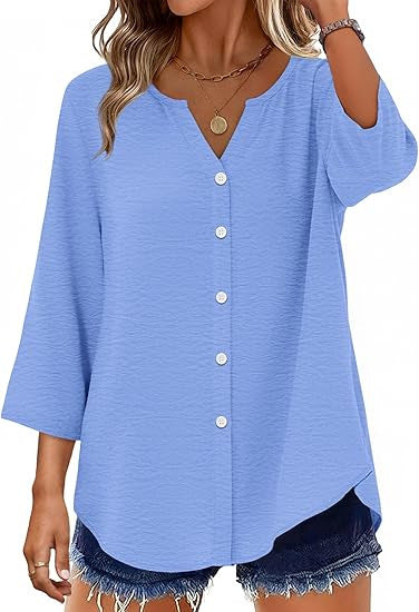 Damen Leichte V-Ausschnitt Blusenjacke mit 3/4-Ärmeln, geschwungenem Saum und durchgehender Knopfleiste Drune