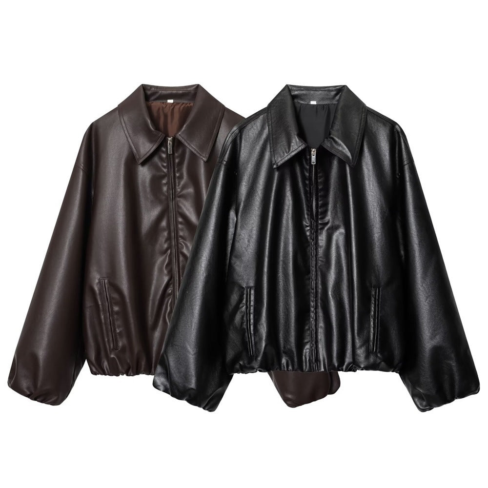 Damen Kurz geschnittener Oversize‑Blouson aus veganem Kunstleder mit Hemdkragen und elastischem Saum Drune