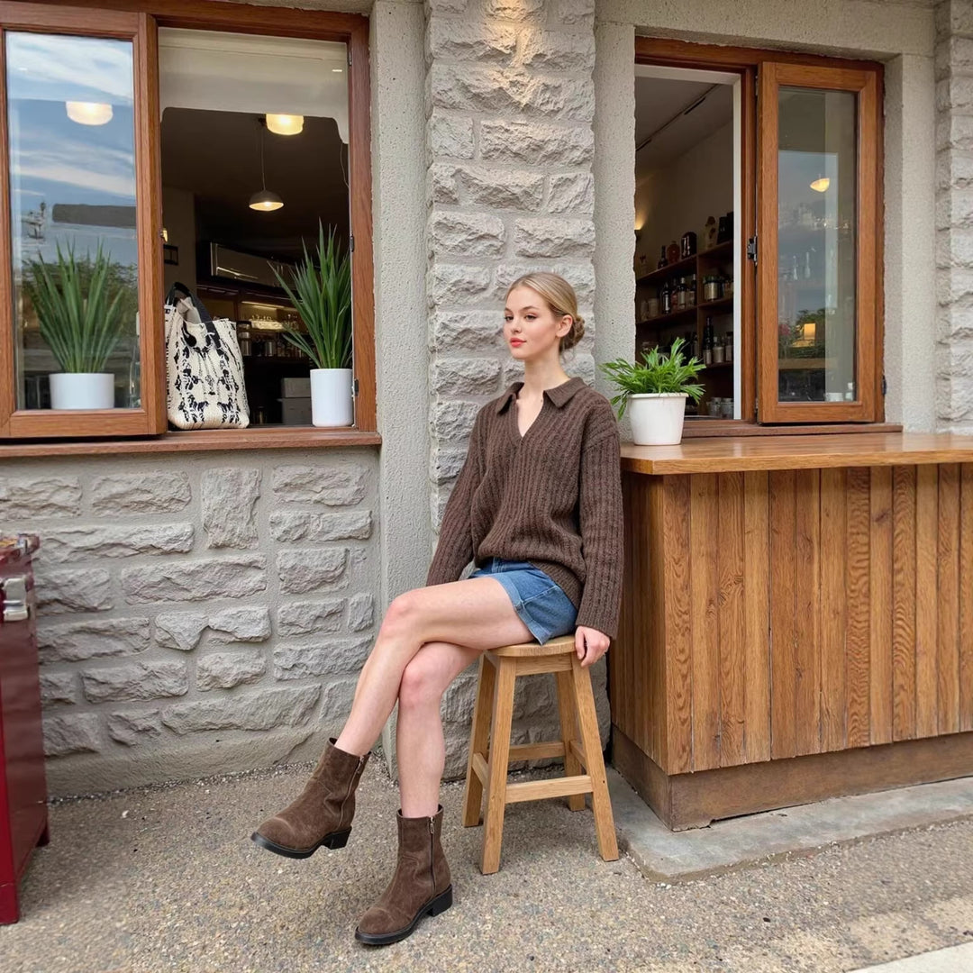 Damen Oversize-Grobstrick-Set mit Polokragen und Midirock Drune