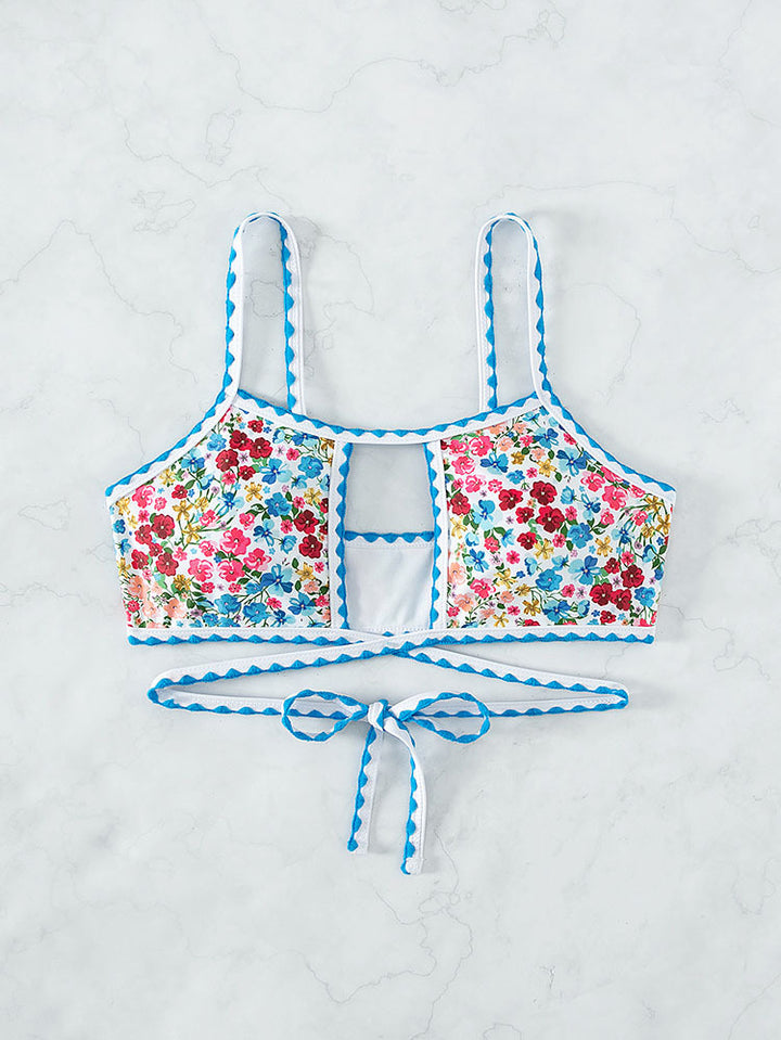 Damen Bikini-Oberteil mit floralem Design und verspielten Bindebändern Drune
