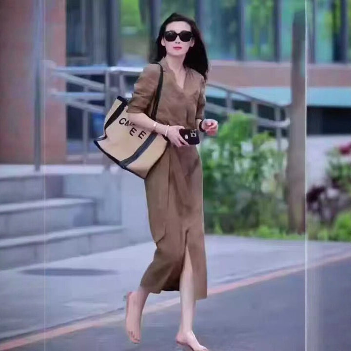 Damen Langes Hemdkleid mit Wickeloptik, Kordel-Taillengürtel und Beinschlitz Drune