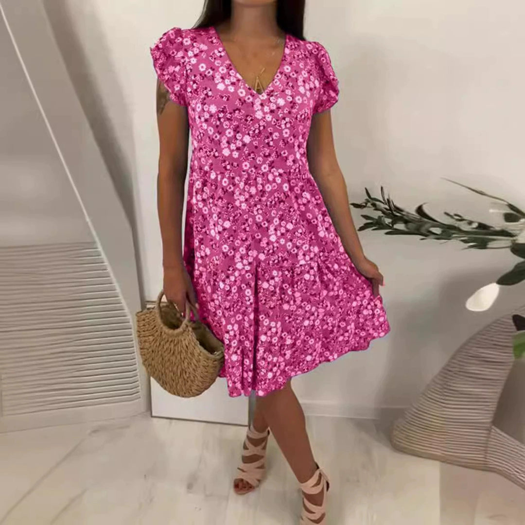 Damen nan V-Ausschnitt Kleid mit geraffter Taillennaht, kurzen Volantärmeln und stufigem Rock Drune
