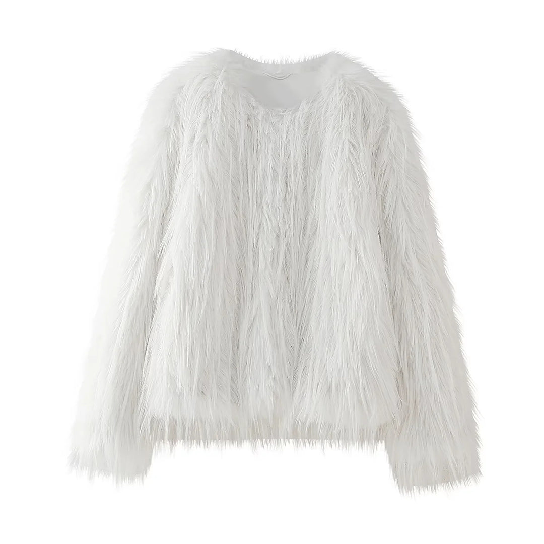 Damen nan kurze Eco-Kunstpelzjacke mit langfaseriger Flokati‑Optik, Rundhalsausschnitt und nahtverdecktem Innenfutter Drune