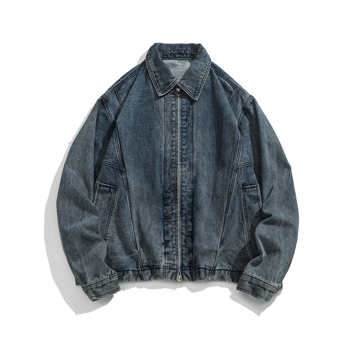 Unisex Kurz geschnittene Denim-Workerjacke mit durchgehendem Reißverschluss und kastiger Silhouette Drune