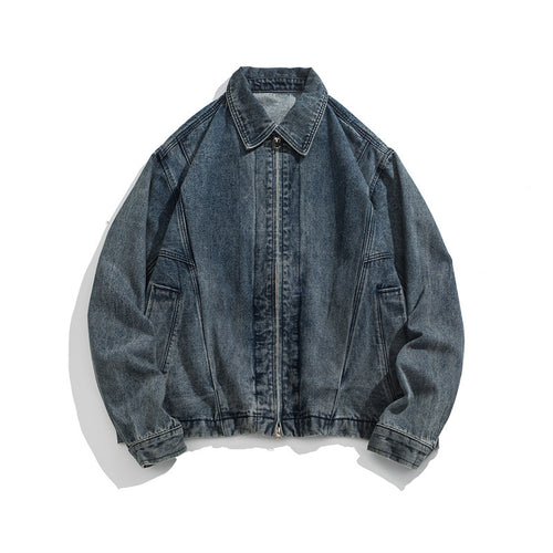 Unisex Kurz geschnittene Denim-Workerjacke mit durchgehendem Reißverschluss und kastiger Silhouette Drune